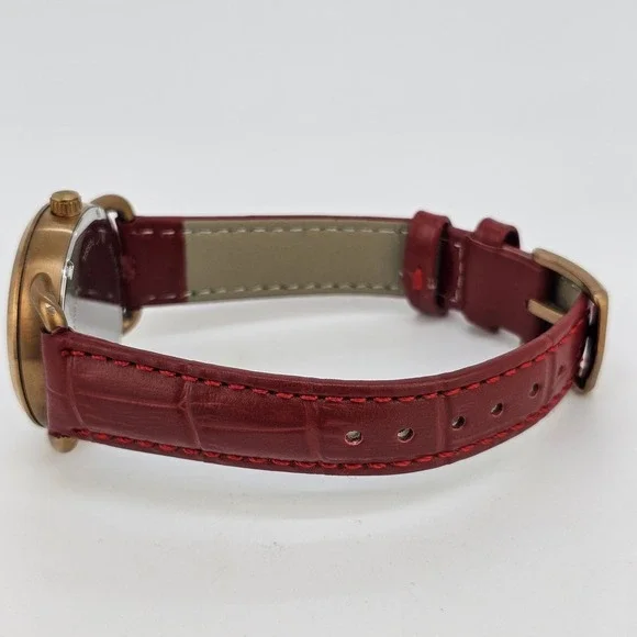 Fossil Women Watch 34MM Gold Dial Date New Red Leather Bands New Battery - Picture 9 of 16